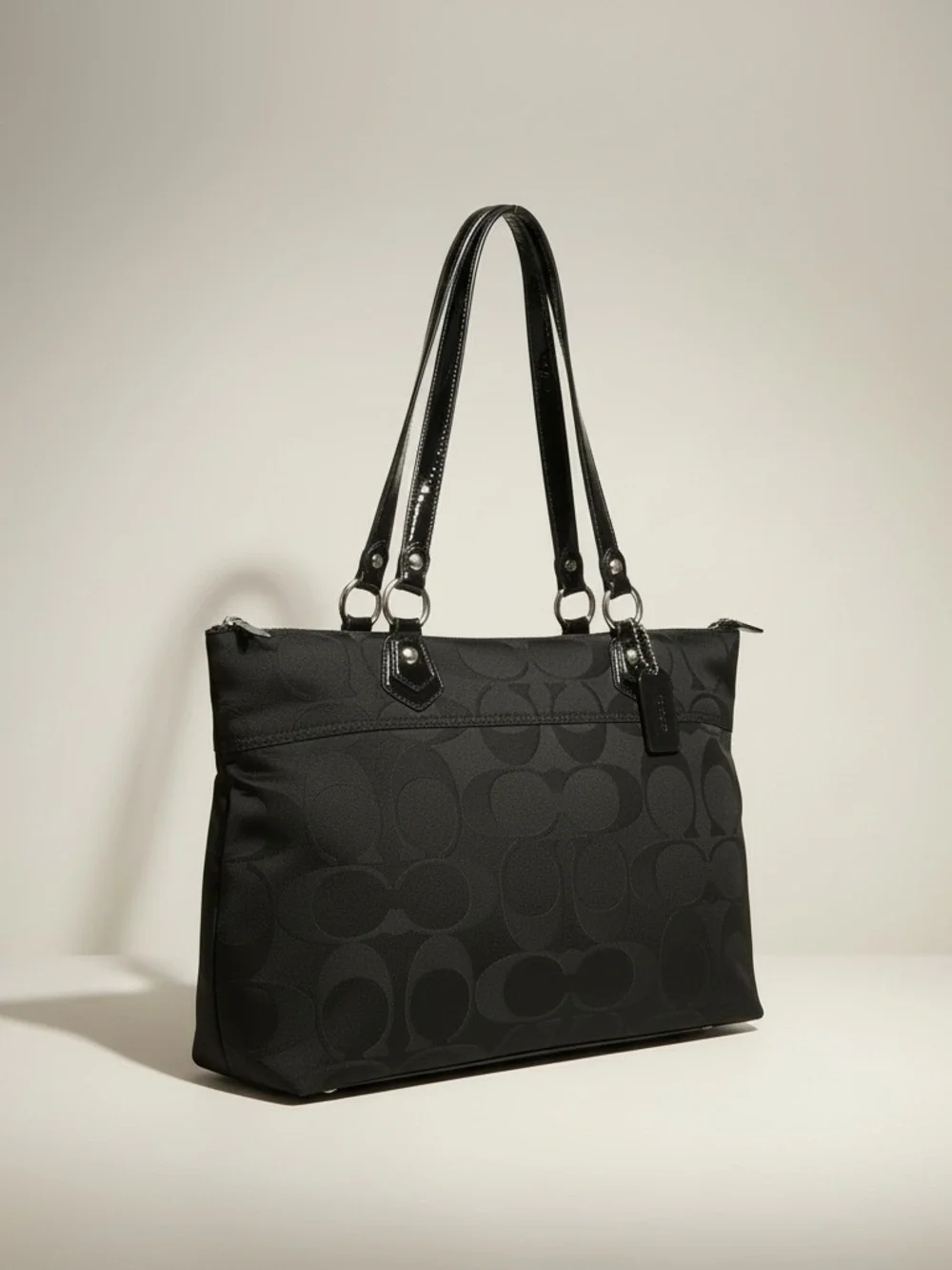 ✨ Coach Poppy Black Signature Tote Pink Satin Lining Patent Trim EUC